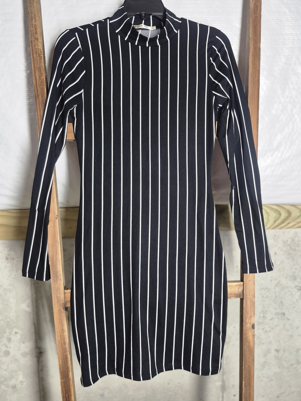 Heart & Hips Black and White Vertical Stripe Long Sleeve Dress